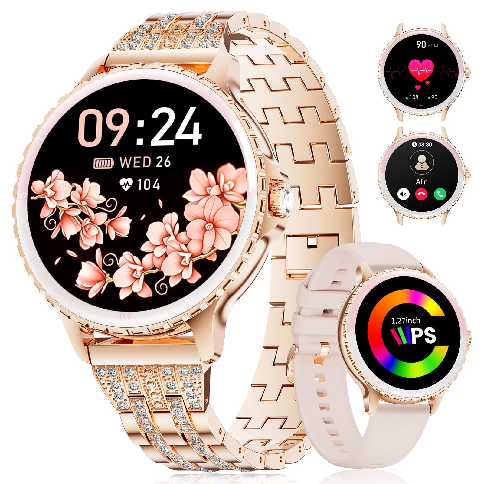 LIGE Montre connectée Femme Appels Téléphonique pour Android iOS 1,27" HD Rose Doré Acier Inoxydable Diamant Smartwatch Ronde,Fréquence Cardiaque,Moniteur de Sommeil,Podomètre,Calories,100+ Mode Sport