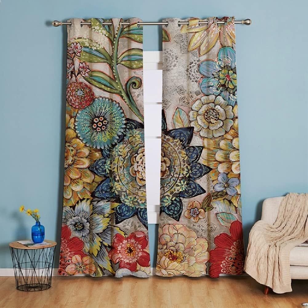Rideau Occultant Fleur Vintage 117x137 cm - Lot de 2 Rideau Occultant Thermiques Isolant Anti Froid et Chaleur, Rideaux à Oeillets Décoration Chambre Fenetre Rideaux Salon