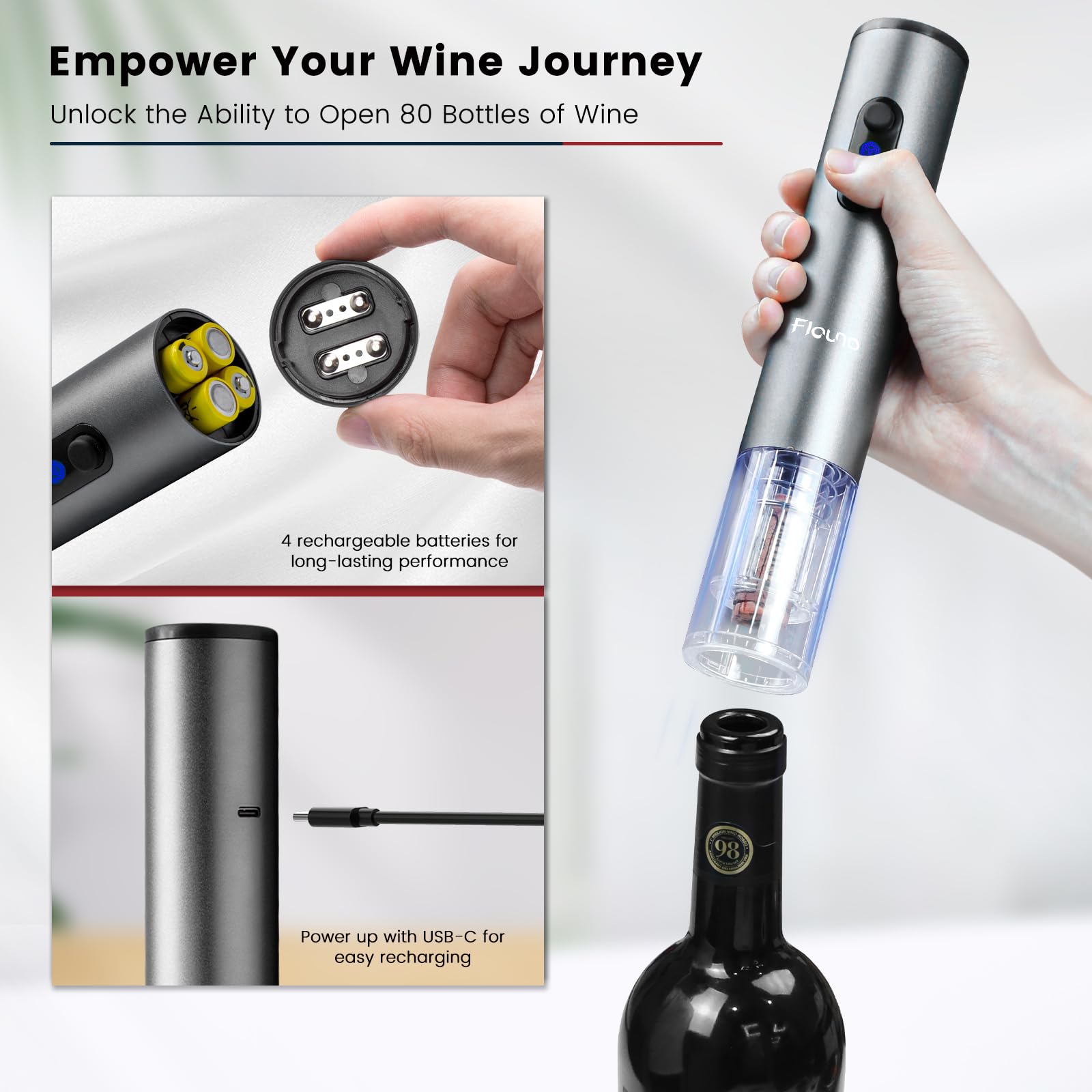 Abridor Vinho Elétrico Flauno - Automático - Com Base Carregamento - Kit Completo