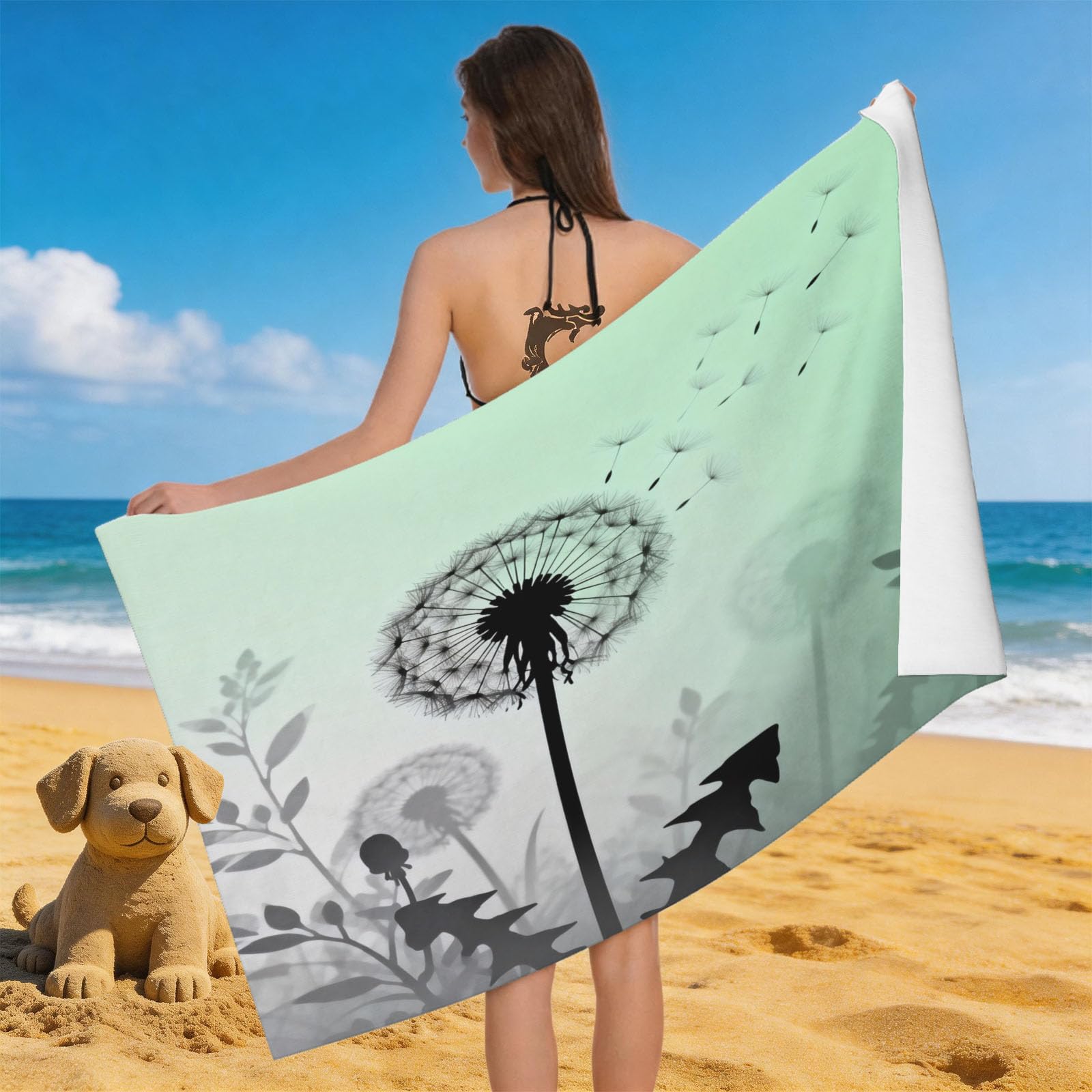 Leichong Men's Green 3D Cartoon Dandelion Beach Towel Large Microfiber Soft Quick Dry For Adults, Chic Bath Towel Lightweight Soft Absorbent For Travel Swimming Pool Sports, 180 X 90 Cm