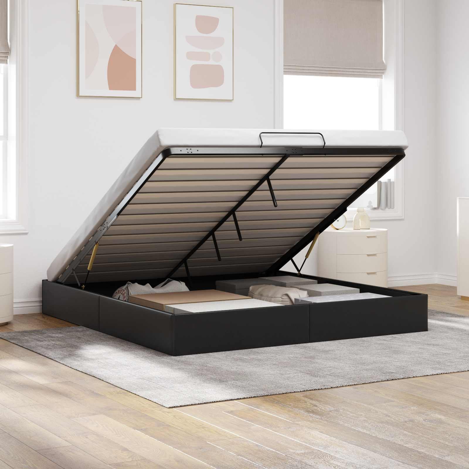 Cadre de lit Ottoman Noir en Simili Cuir King Size 203 x 193 cm avec Rangement spacieux sous sommier, Structure métal et Bois d’ingénierie