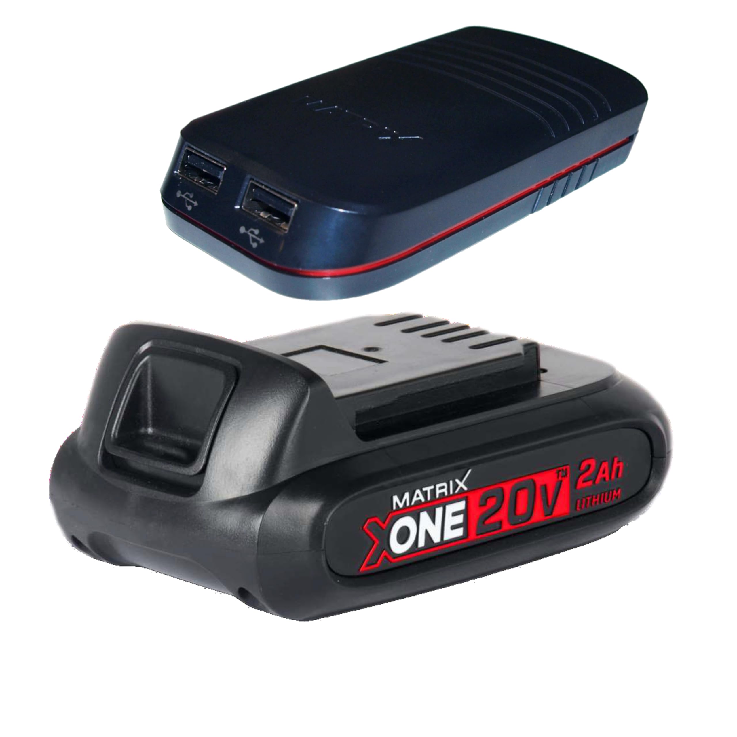 MATRIX Akku-Set 20V, Ersatzakku 2Ah und USB-Adapter, verwandelt Akku in Powerbank, kompatibel mit X-ONE und Kawasaki Power 20, 2 USB-Anschlüsse
