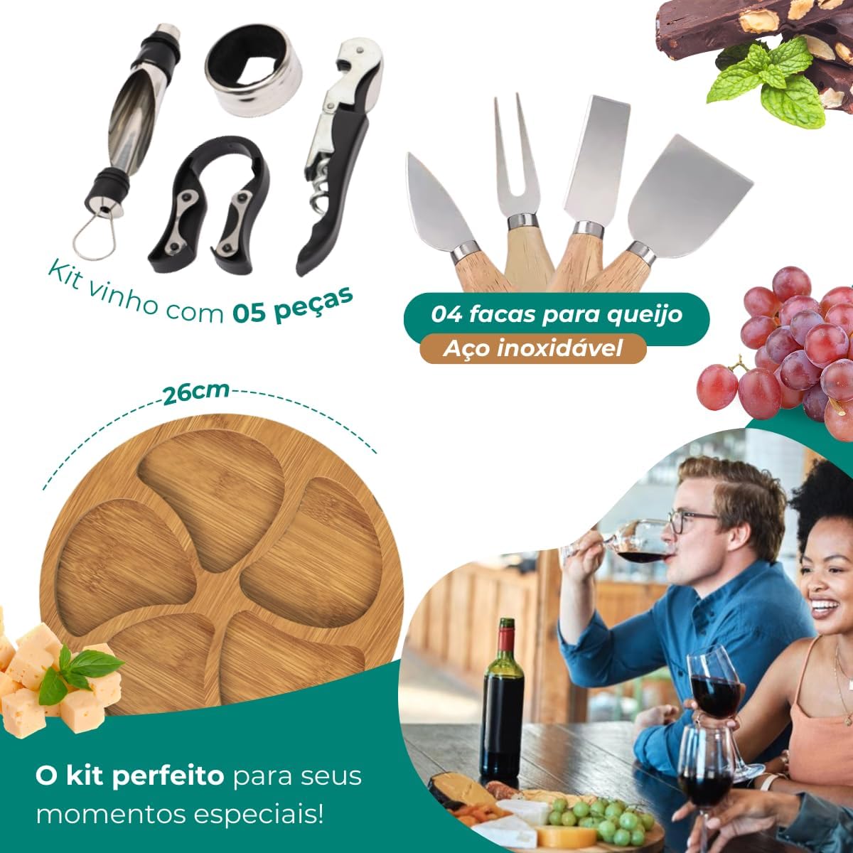 Kit Petisqueira Redonda Madeira + 4 Facas Queijo + 4 Peças Vinho Com Molheira Ramekin e Garfinhos p/Petisco Kit Petisqueira Redonda Madeira + 4 Facas Queijo + 4 Peças Vinho Com Molheira Ramekin e Garfinhos p/Petisco