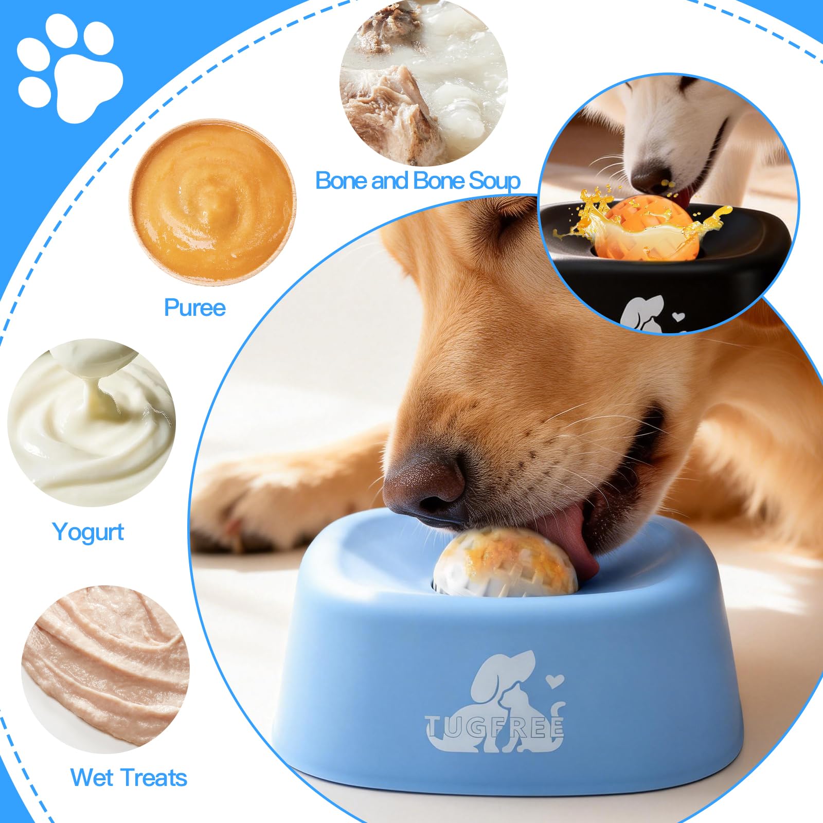 TUGFREE Gamelles pour chien à alimentation lente, distributeur de casse-tête à lécher pour friandises liquides, bol à lécher pour bouillon d'os et yaourt, jouet interactif pour soulager l'anxiété