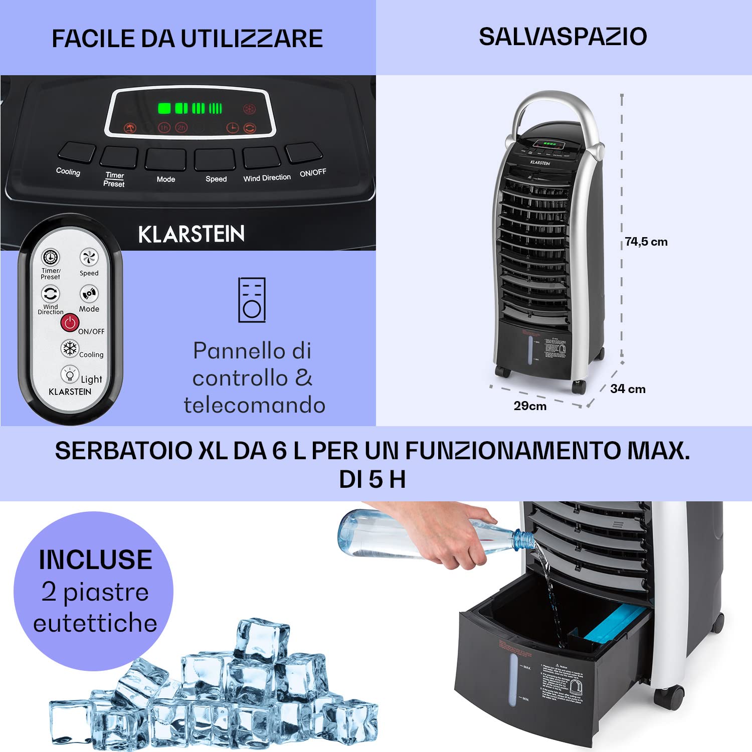 Klarstein Condizionatore Portatile 65W, 4in1, Climatizzatore Portatile, Raffrescatore Aria ad Acqua, Ventilatore, Deumidificatore, Silenzioso con Night Mode, 444m³/h, Serbatoio da 6L, Nero Lucido