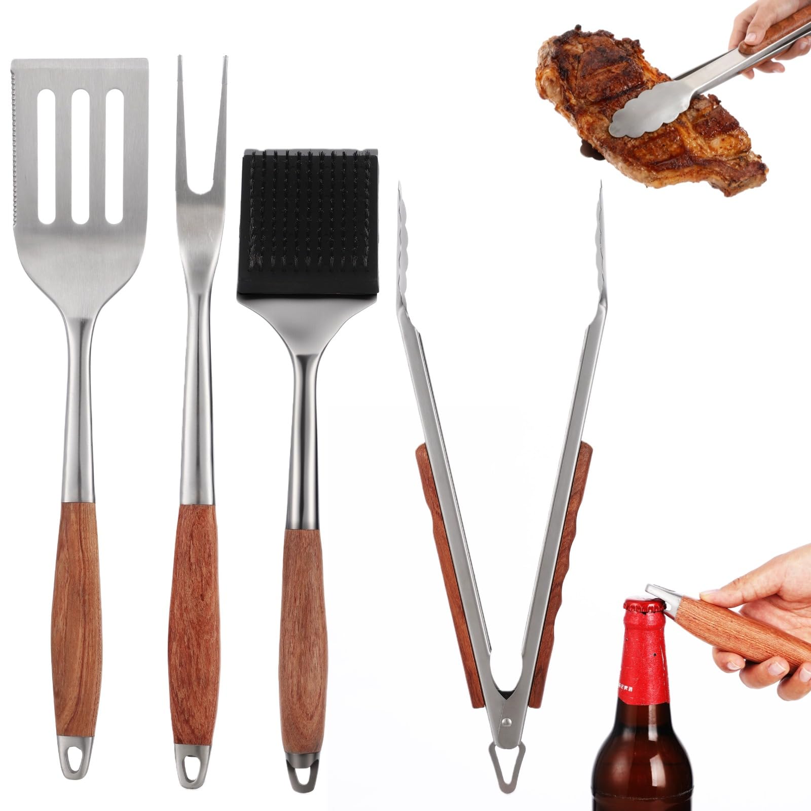 Outils Barbecue 4 pièces, spatule, Fourchette, Pince et Brosse de Nettoyage en Acier Inoxydable, poignée Isolante en Bois de Rose, Accessoires pour Grill extérieur, Cadeau pour Homme