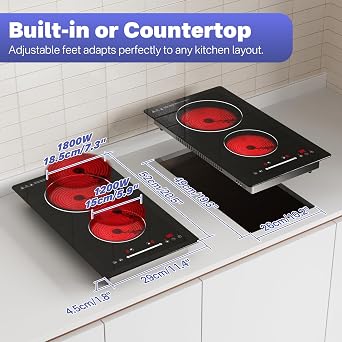 Ceramic Hob 2 Zone with Plug, Built-in Electric Hob 2 Burner 30cm, 2 Ring Ceramic Electric Hob with Silde Control, 9 Heating Level, Safety Lock, Timer
