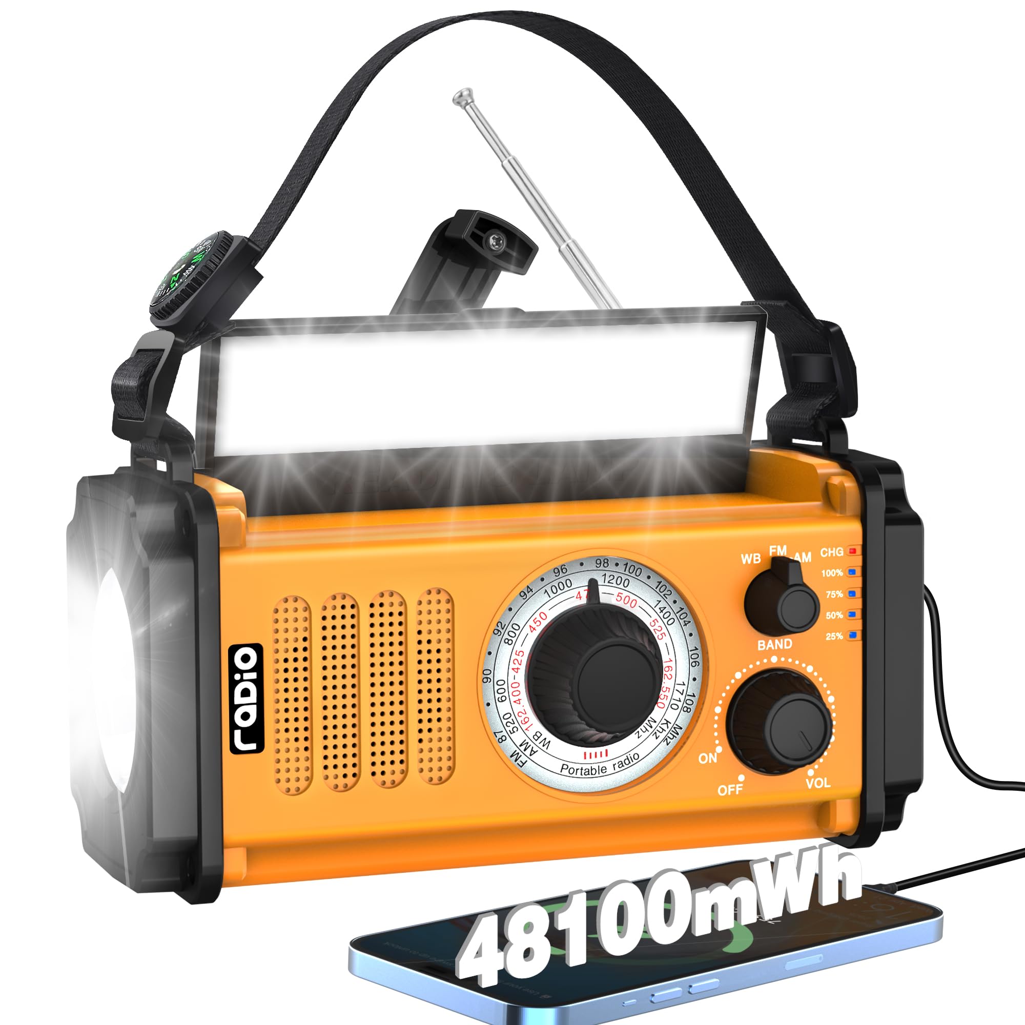 48100mWh Crank Emergency Weather Radio, Solar Hand Crank NOAA/AM/FM Radio, Portable Dynamo Radio, Flashlight & Reading Lamp,SOS,Earphone Jack, Compass for Hurricane Storm Camping Outdoor Survival Kit