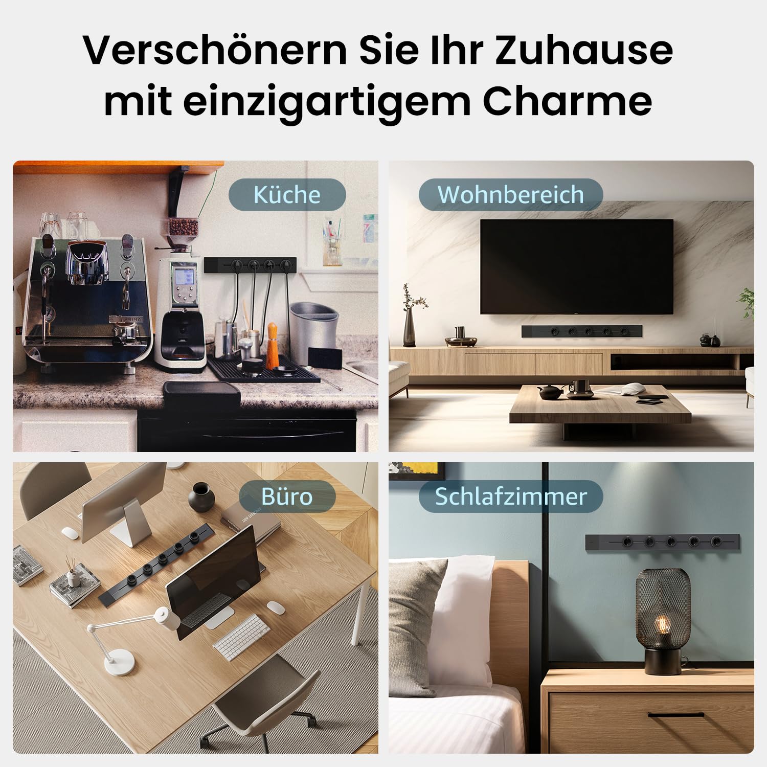 Goneo Mehrfachsteckdose Wandmontage, 50 cm Stromschiene mit 4 Steckdosen (umpositionierbar), Steckerleiste mit Schalter (pro Modul) und Kinderschutz, Montage ohne Stemmarbeiten, 7360 W für Küche