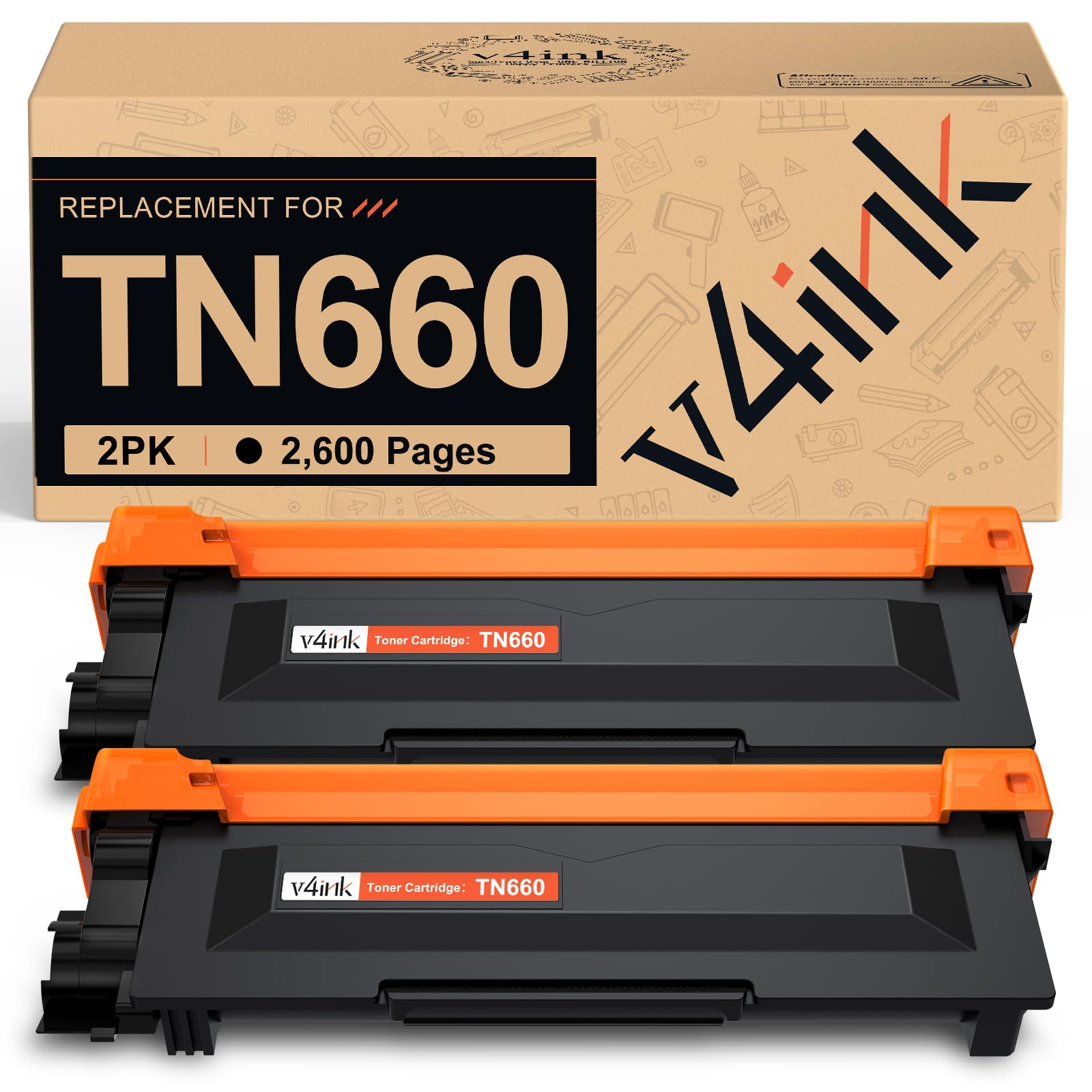 v4ink 2PK Compatible TN-660 Toner Cartridge Replacement for Brother TN660 TN630 Toner for Brother HL-L2300D HL-L2320D HL-L2340DW HL L2360DW L2380DW MFC-L2700DW MFC-L2740DW DCP L2520DW L2540DW Printer