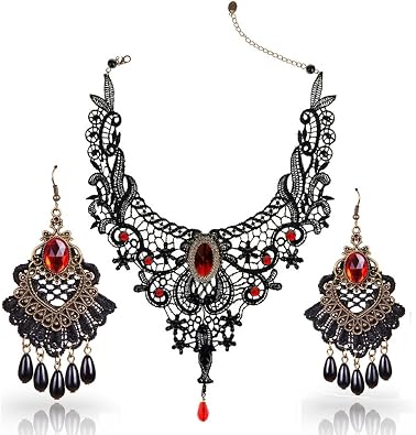 Choker Necklace for Women Gothic Black Lace Necklace Earrings Sets for Halloween Costume Party Punk Vintage Lolita Choker Pendant ChainRed