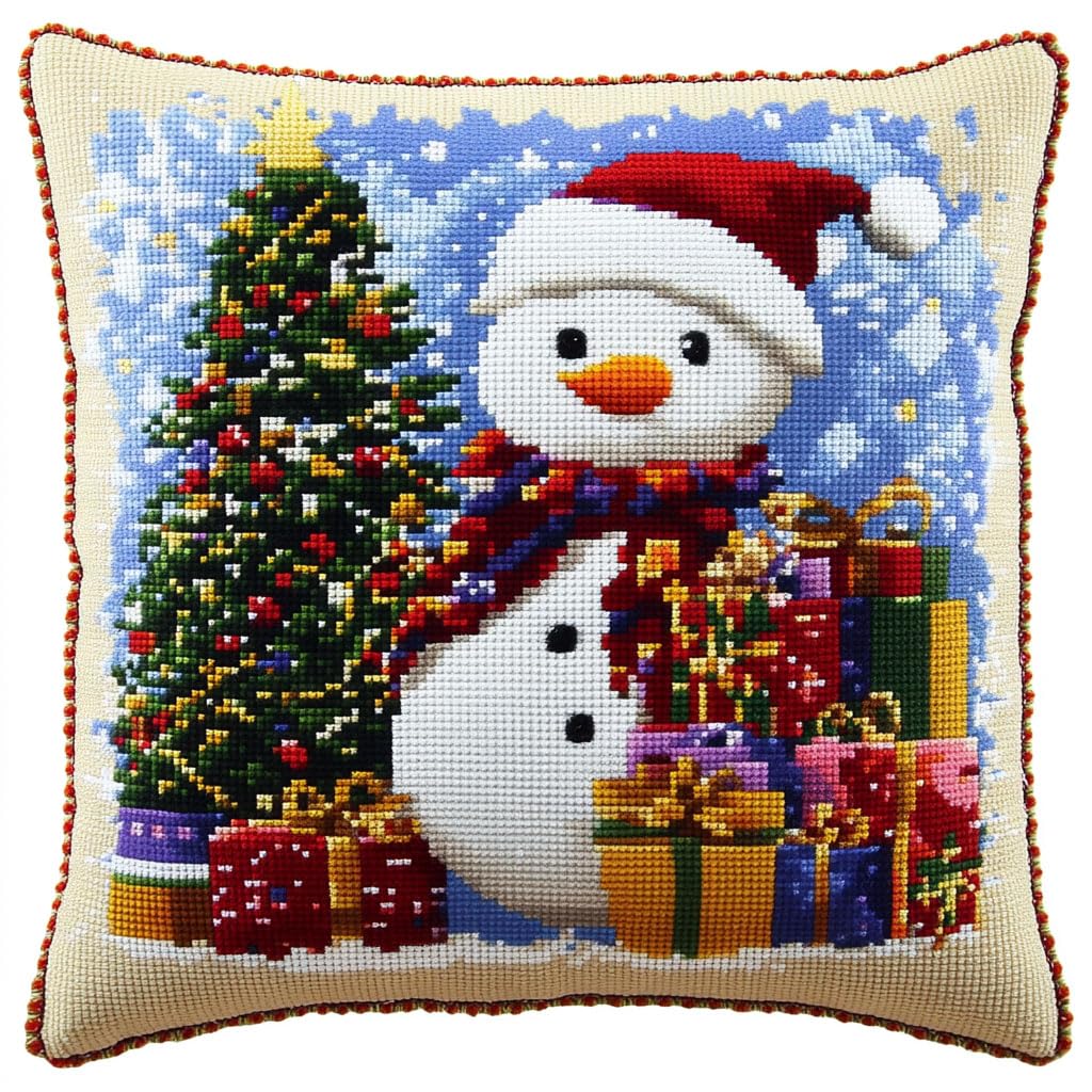 AMBATTERY Cross Stitch Pillow Kit, Snowman and Christmas Tree Cushion kit 45X45cm Needlepoint Craft Set Cushion Kit pre Printed Handmade Cushion Cover Kit Stitched Cushion Kit