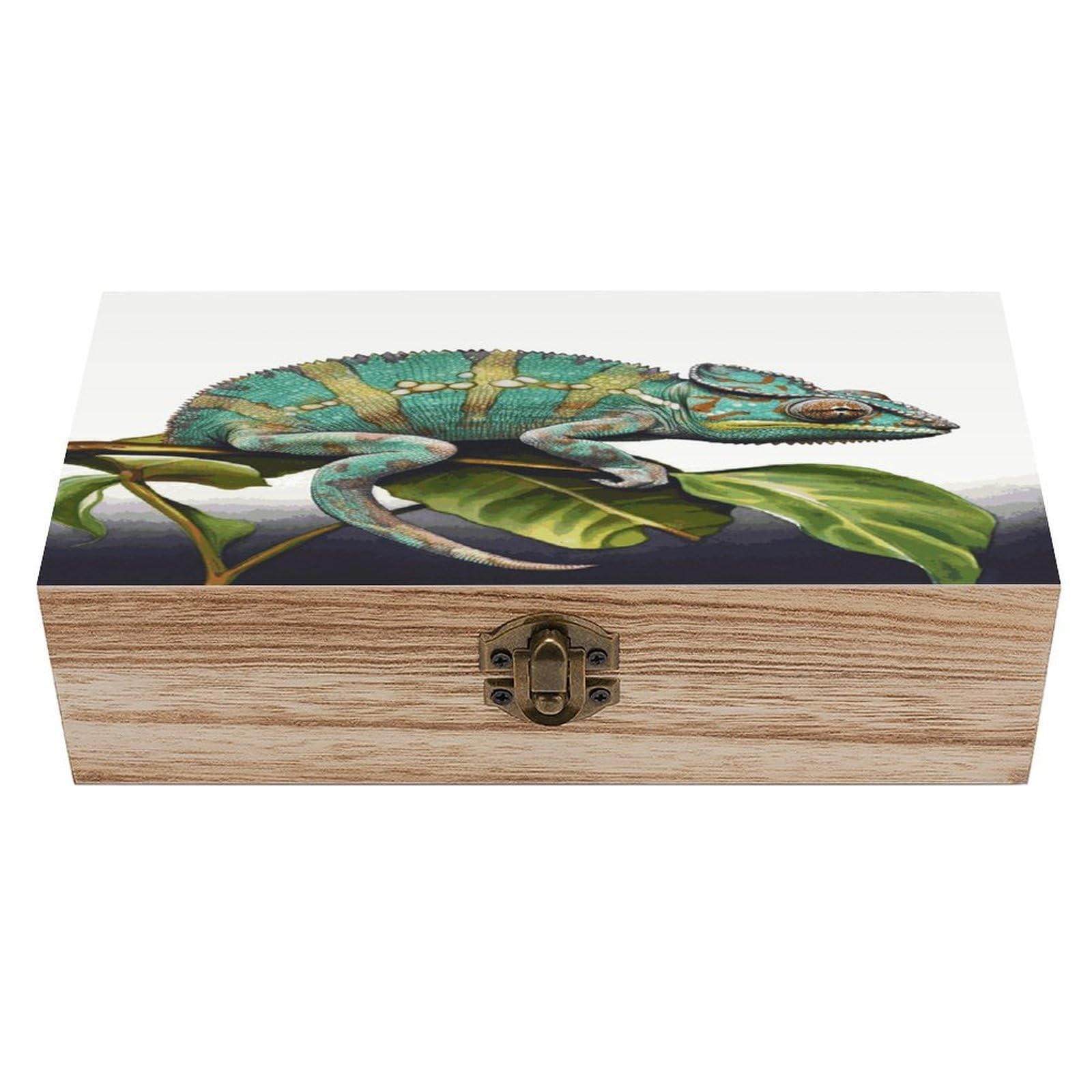 FekiLoot Chameleon Wooden Storage Box Rustic Jewelry Box with Hinged Lid Large Jewelry Storage Case Beautifully Keepsake Boxes Unique Gift Ideas for Men & Women