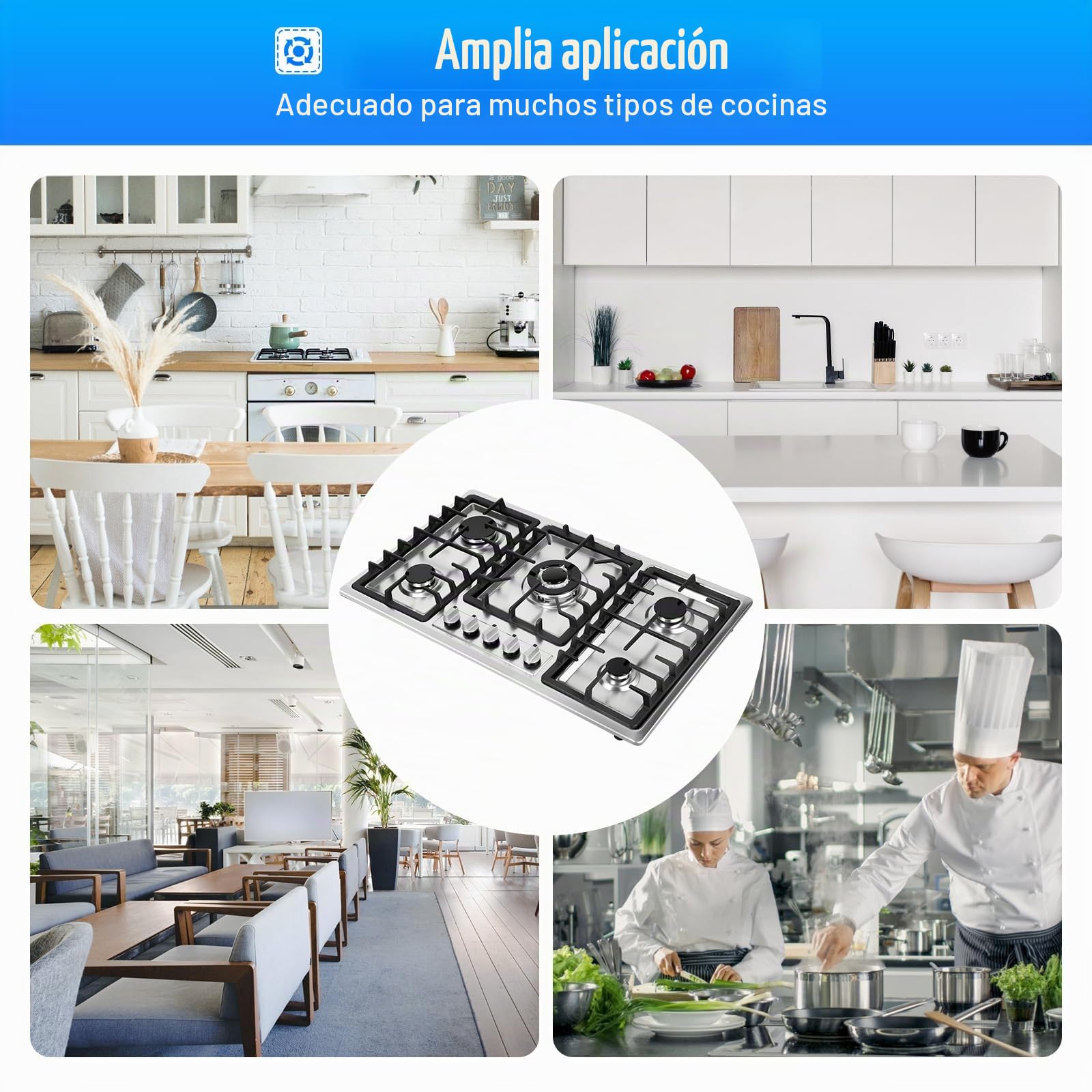 Placa de cocina de gas empotrable con 5 fuegos, acero inoxidable, 86 x 51 cm, para gas natural/propano, estufa empotrable con carcasa de acero inoxidable, para cocina y cocina comercial