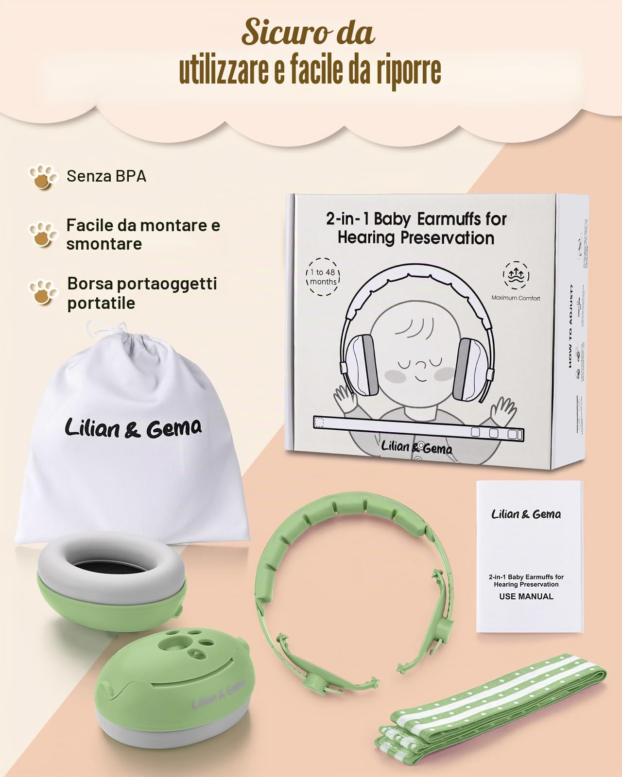 Lilian&Gema Casco Anti Rumore 2 in 1, Confortevole e Regolabile per Bambini fino a 48 Mesi, Ideale per Sonno e Attività