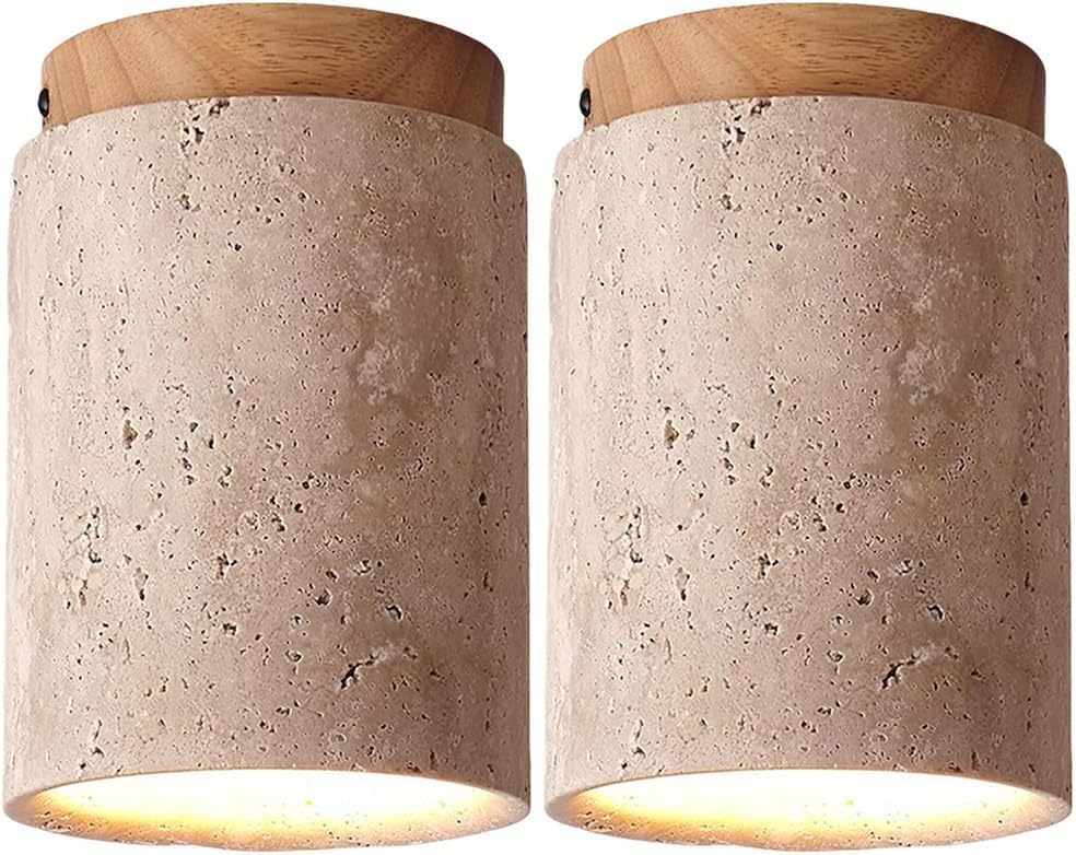 Modern Stone Ceiling Light 6.3" Round Ceiling Lamp With Wooden Base E27 Close To Ceiling Light With Stone Shade For Living Room Bedroom Hallway Balcony Cafe, Wood, 2-Pack