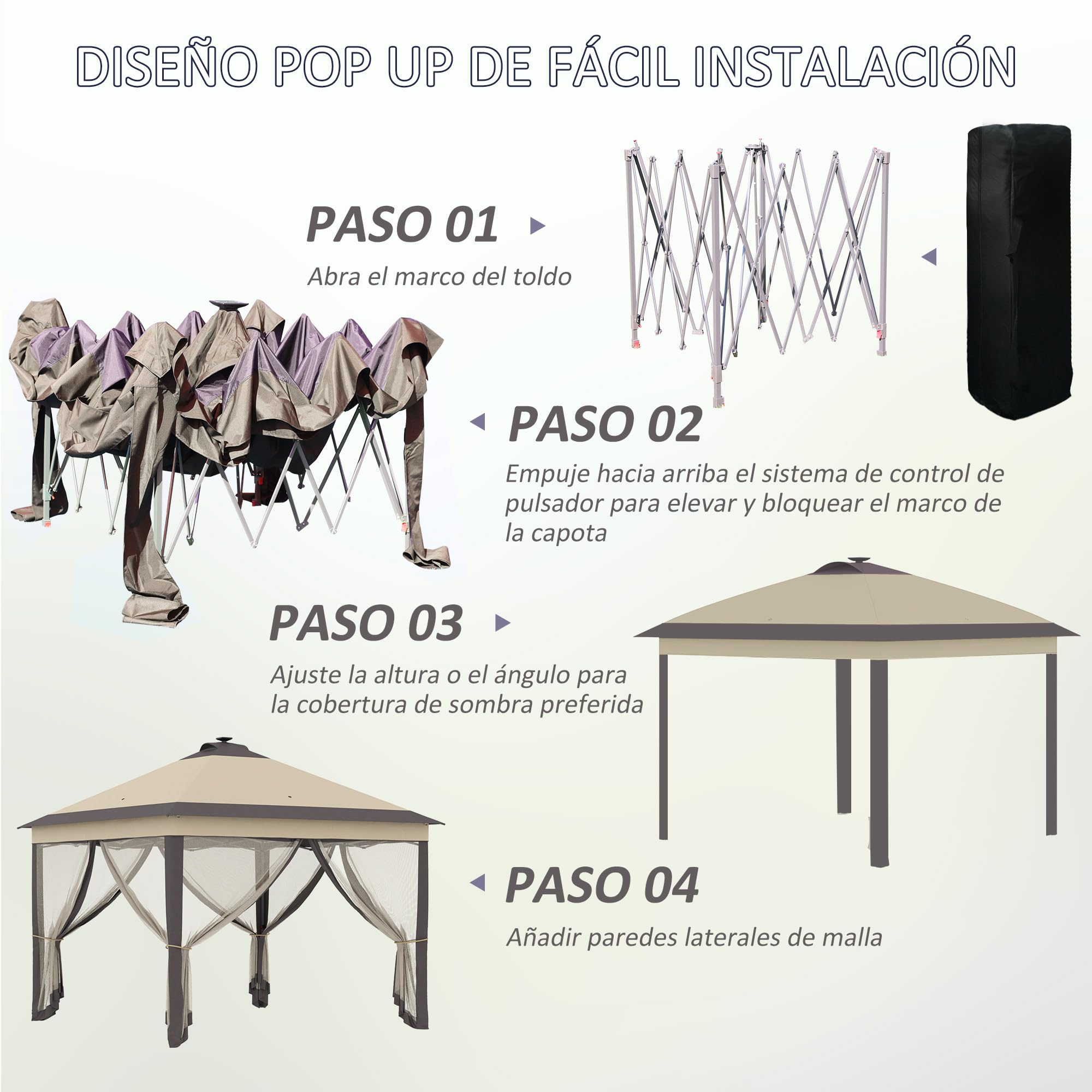Outsunny Carpa Plegable con Luces LED 3,3x3,3 m Cenador de Jardín con Control Remoto 4 Paredes Laterales de Malla Altura Ajustable y Bolsa de Transporte para Patio Fiestas Beige