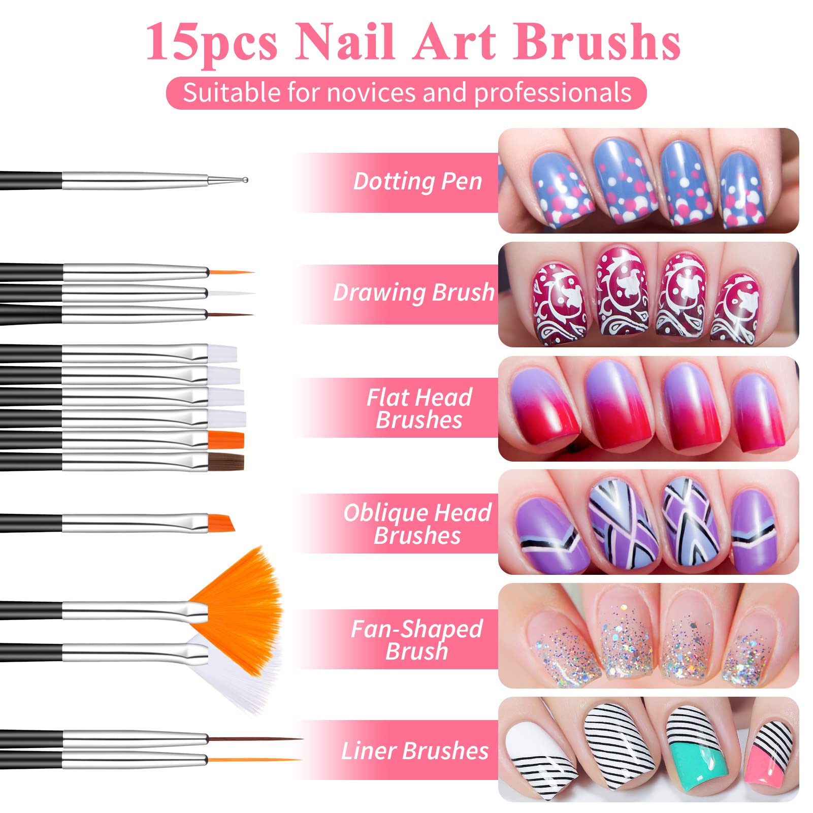 Kiiwah Kit de 31 Pièces Nail Art Design, 15 Pinceau à Ongles, 5 Dotting Pens, 2 Boîtes Ongles Strass, 10 Striping Tape et Feuille de Or & Argent pour Manucure Professionnel Femmes