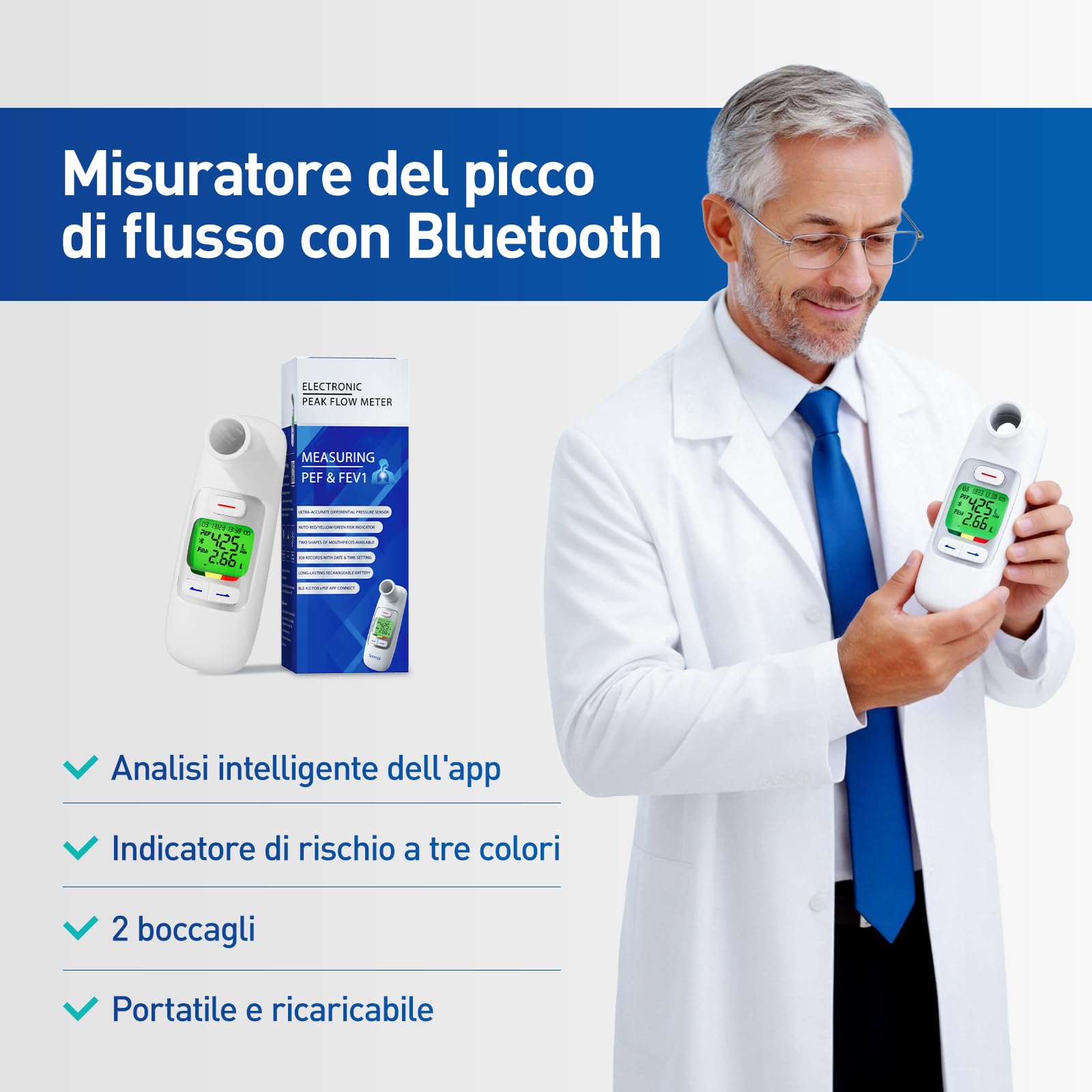 Nascool Peak Flow - Spirometro digitale per asma BPCO PEF FEV1