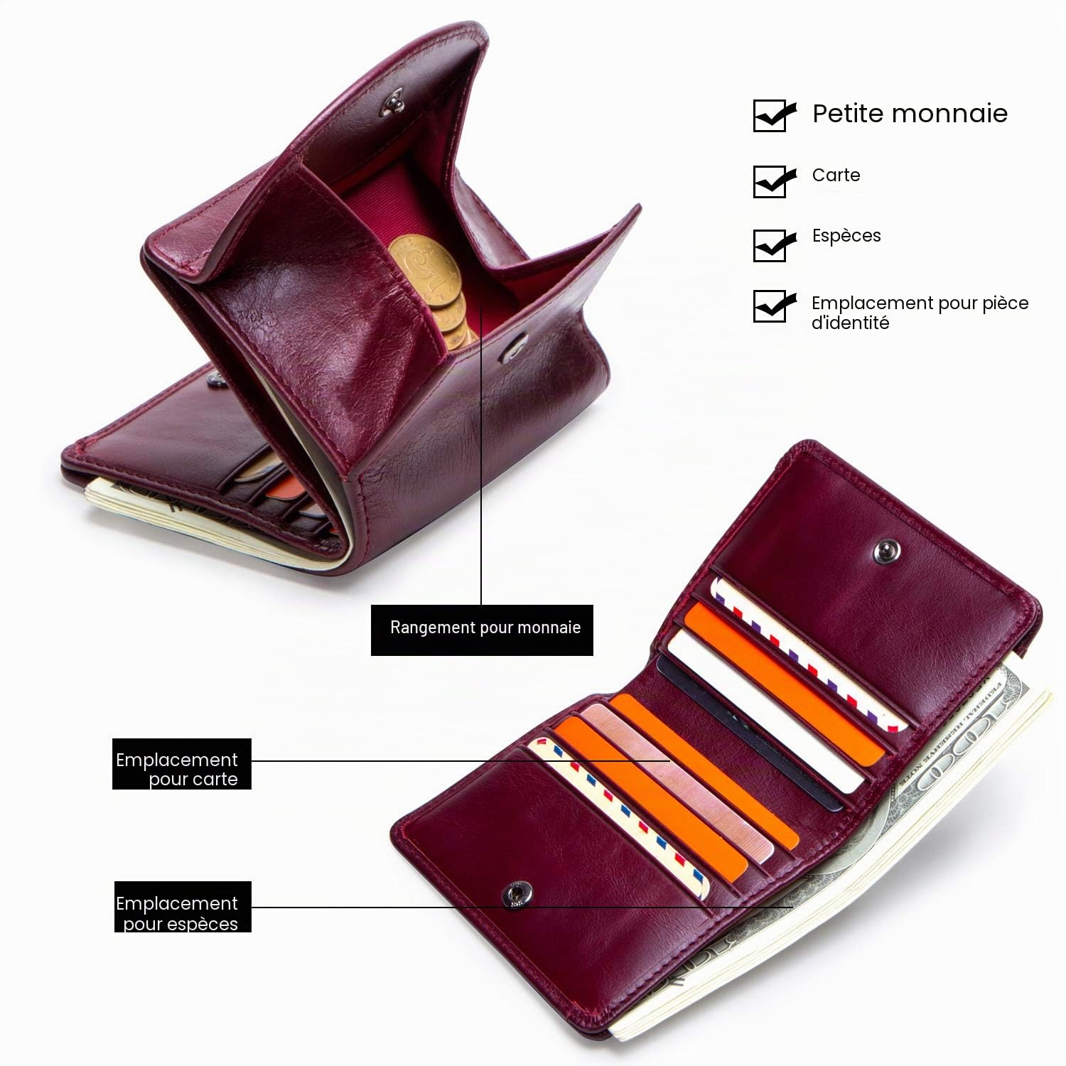 FANDARE Portefeuille Cuir Porte à Monnaie Carte de Crédit Homme Femme Court Porte Monnaie Portefeuille avec Poche à Monnaie Etui à Carte Porte-Carte de Crédit Bourse