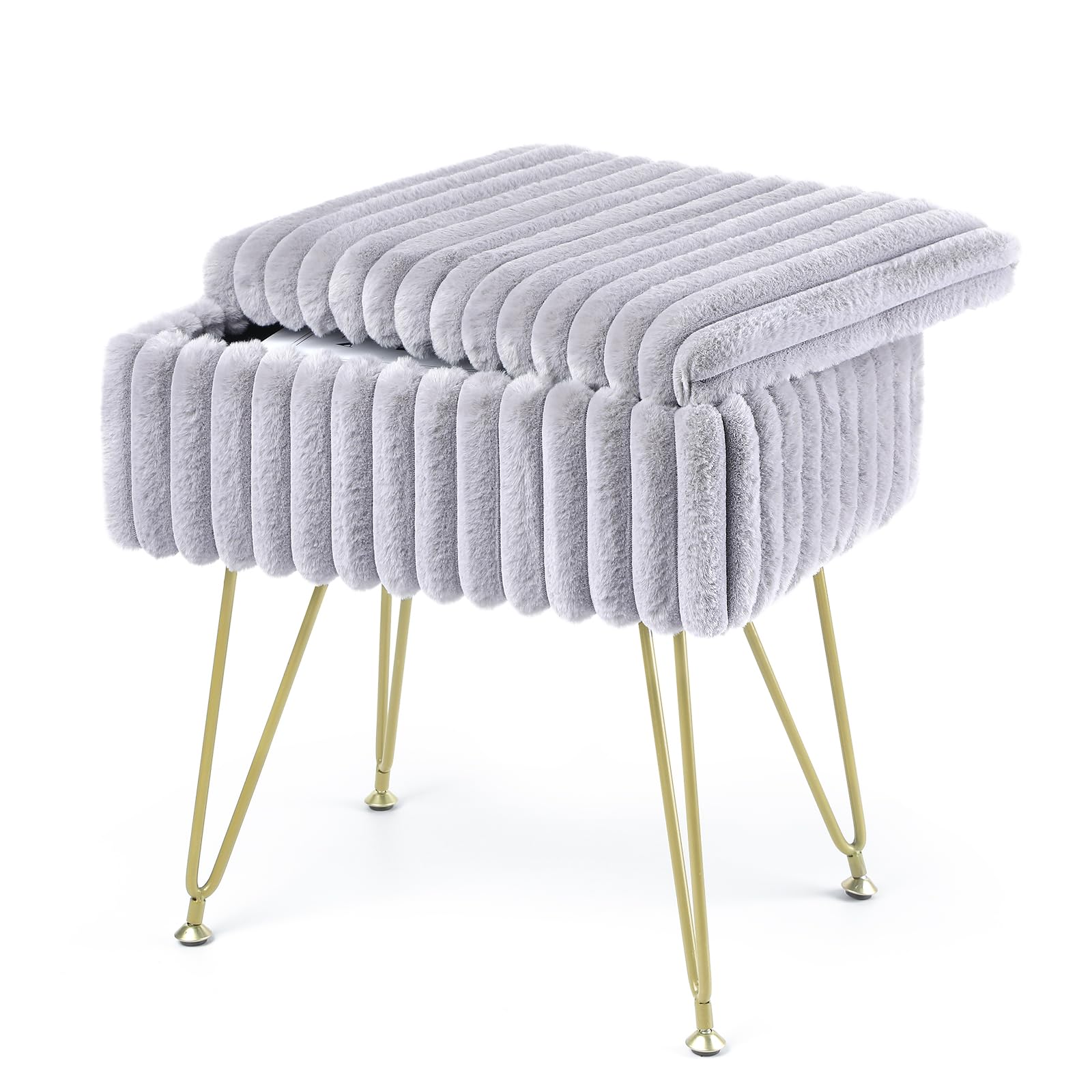 Sillón Multifuncional Rectangular para Maquillaje con Espacio de Almacenamiento, Taburete de Terciopelo y Descanso de pies, 40 x 25.5 x 43.5 cm, Gris Paloma, ASND53G