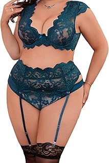 Conjunto de lencería sexy de gran tamaño de encaje para mujer, camisón de noche, medias pequeñas con mangas de color ciruela con medias y ligas