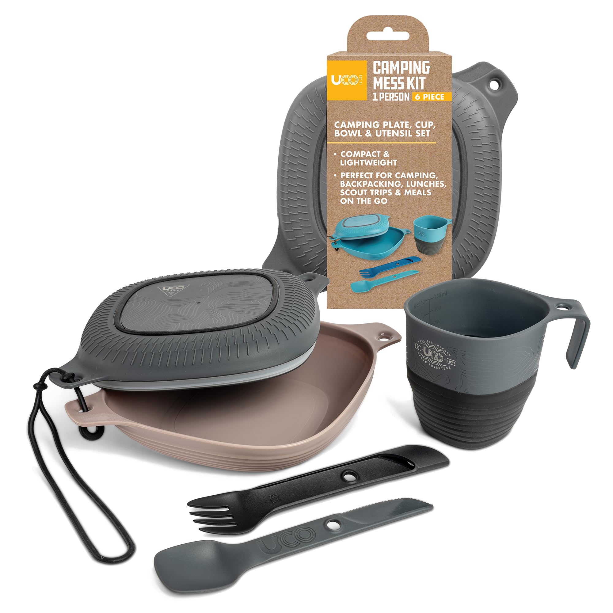 UCO 6-Piece Camping Mess Kit with Bowl, Plate, Camp Cup, and Switch Spork Utensil Set, Classic Blue, Venture