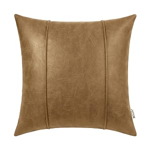 BRAWARM Khaki Leather Throw Pillow Covers 22 X 22 Inches Faux Leather Pillow Cover with Piping Hand Stitched
