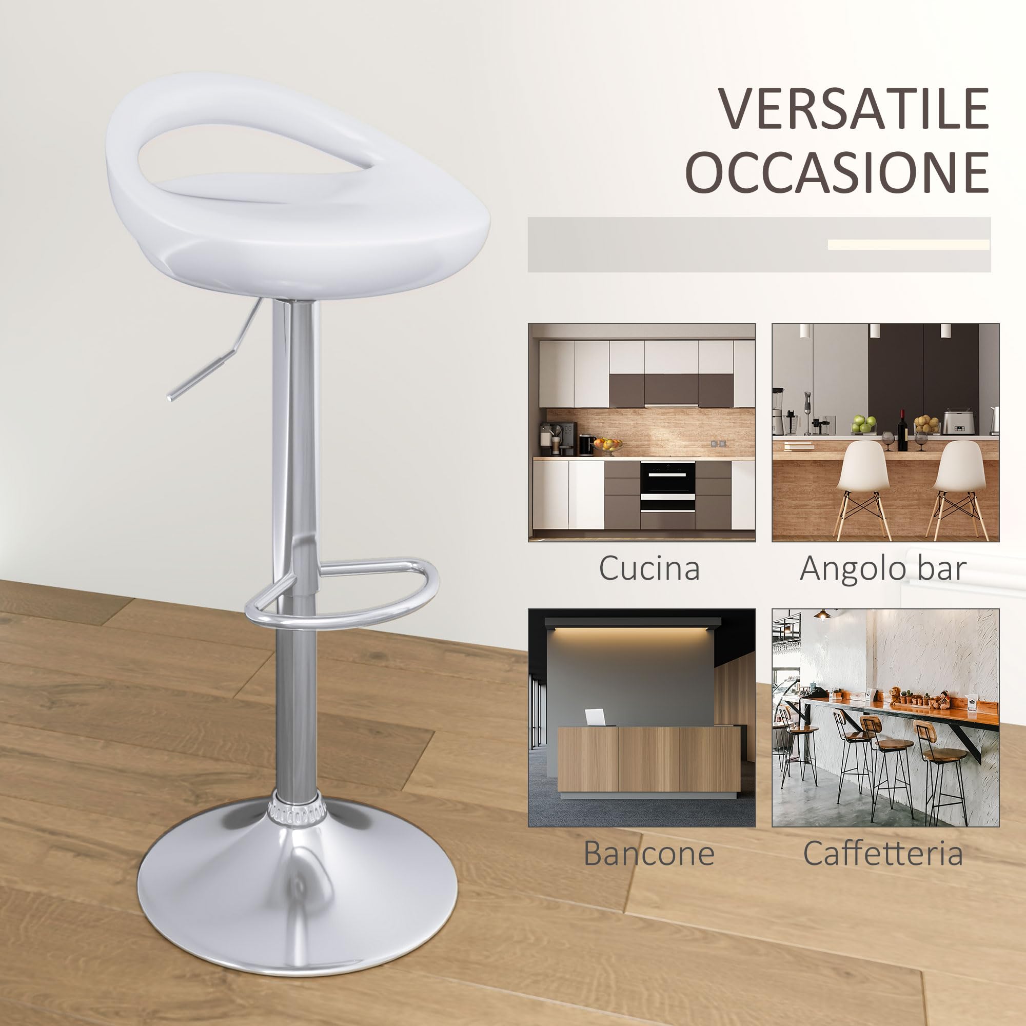 HOMCOM Set 2 Sgabelli da Bar Alti, Sgabelli Girevoli a 360°, con Schienale e Poggiapiedi, Altezza Regolabile, Base in Acciaio, per Sala da Pranzo e Cucina, 46x41x76-96cm, Bianco