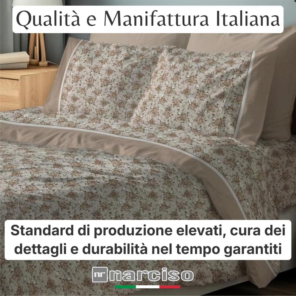 NARCISO Lenzuola Flanella Matrimoniale Made in Italy, Completo Lenzuola Matrimoniali in Cotone (1 Lenzuolo Sotto con Angoli 170x190cm, 1 Lenzuolo Sopra 240x280cm, 2 Federe Cuscini) Rose Sabbia