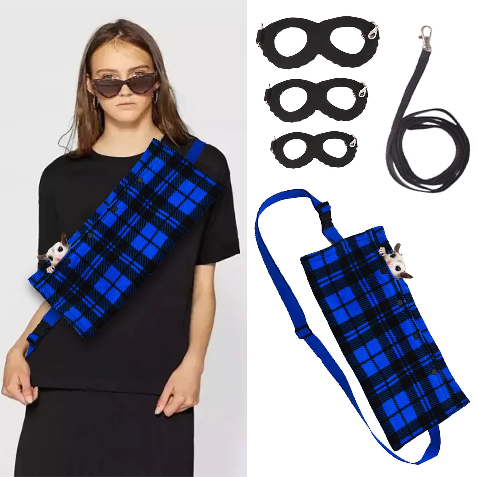 MANON ROSA Sugar Glider Pouch - Small Animal Carrier Bag with Harness Set for Bonding Sling for Reptile Pets Bearded Dragons Lizards Backpack Accessories for Outdoor Travel Walking Resting Blue