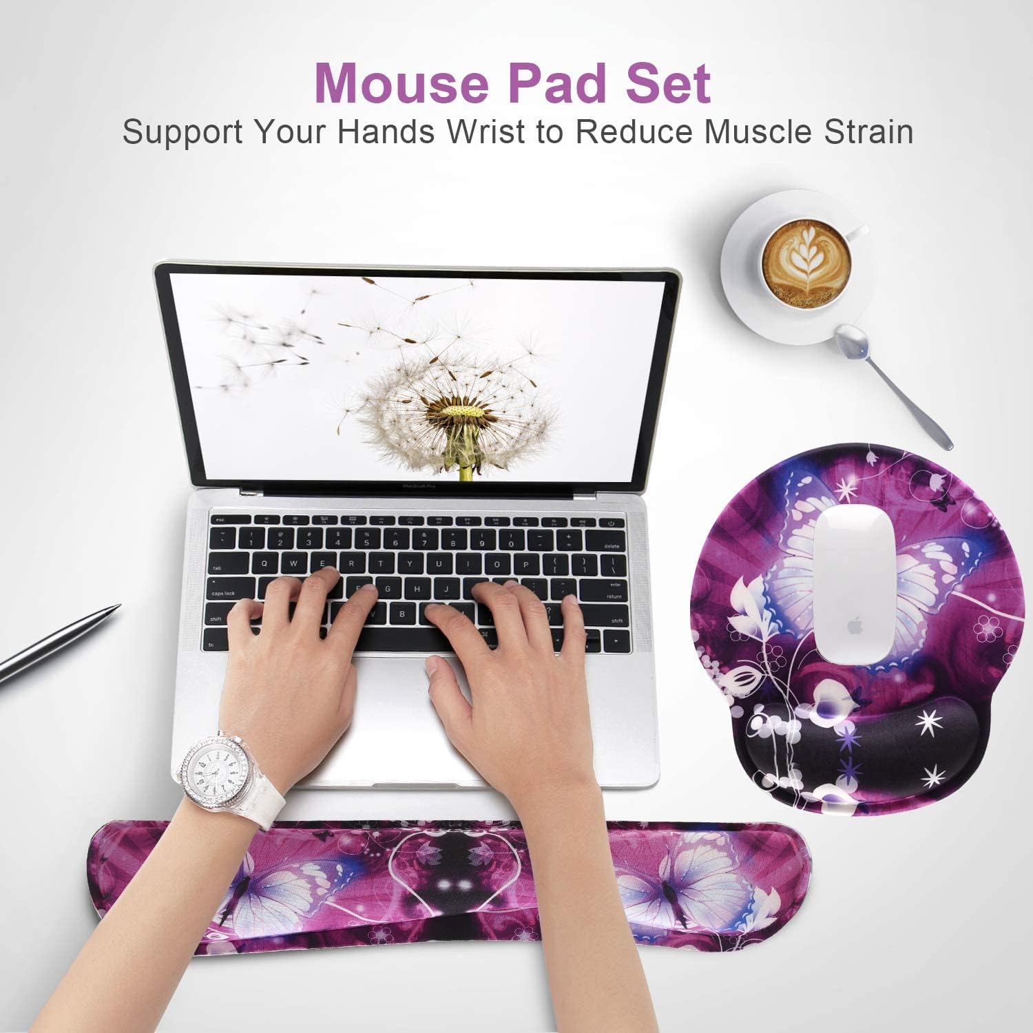 Keyboard Mouse Pad Wrist Rest, Gel Ergonomic Wrist Rest Support Mousepads,Non Slip Rubber Base Wrist Support with Memory Foam for Laptop Computer Home Office Work, Durable & Comfortable,Purple flowers