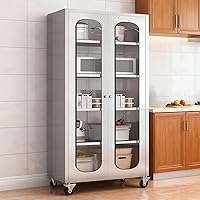 ZZV 65" Stainless Steel 5-Tier Storage Cabinet with Wheels, Adjustable Shelves & Glass Doors - Fully Assembled for Kitchen Garage
