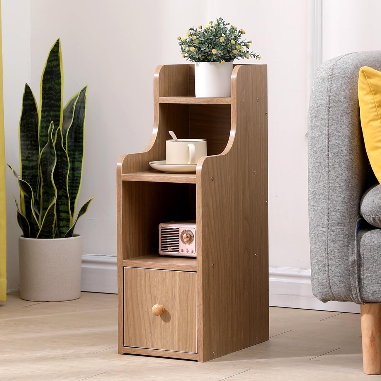 Sanery Slim Bedside Table, Narrow Nightstand Side Table, Bedside Cabiinet with 1 Drawer & 3 Open Shelves for Bedroom, Living Room Sofa Side End Table, Walnut