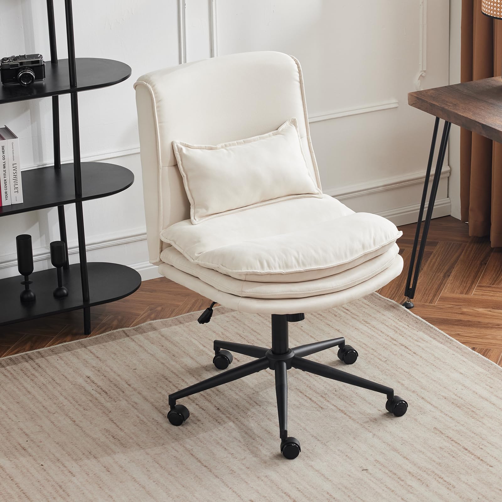Bonnlo Cloud Criss Cross Legged Chair, High Back Armless Home Office Chair with Wheels, Adjustable Comfy Padded Computer Seat, Moden Swivel Makeup Vanity Seat for Home, Smooth, Beige