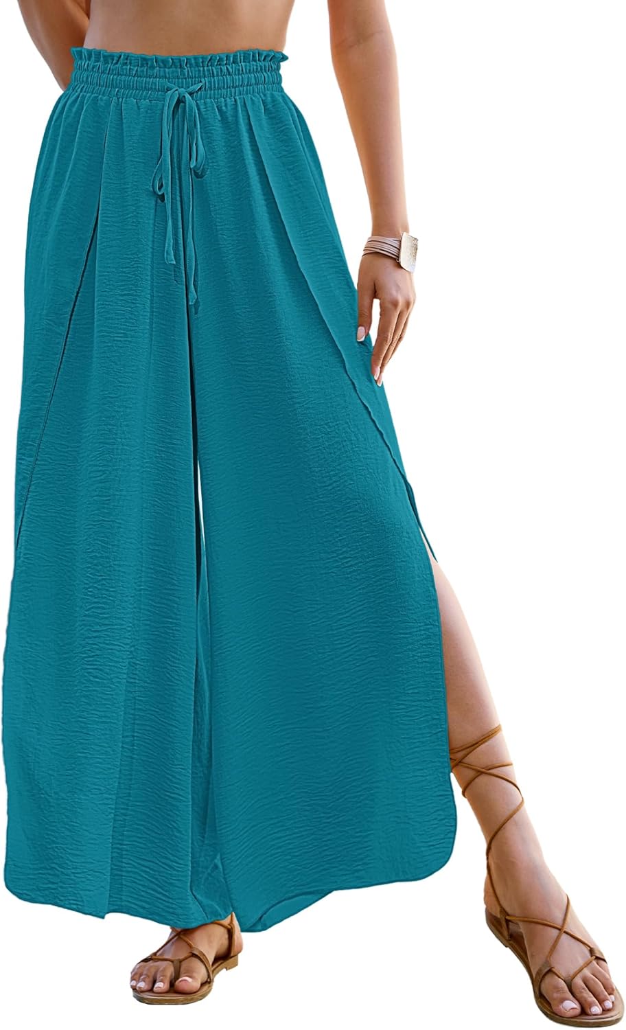 Bsubseach Cover Up Pants for Women 2025 Wide Leg Pants High Waisted Palazzo Beach Coverup Flowy Pant with Slits Trousers Peacock Blue