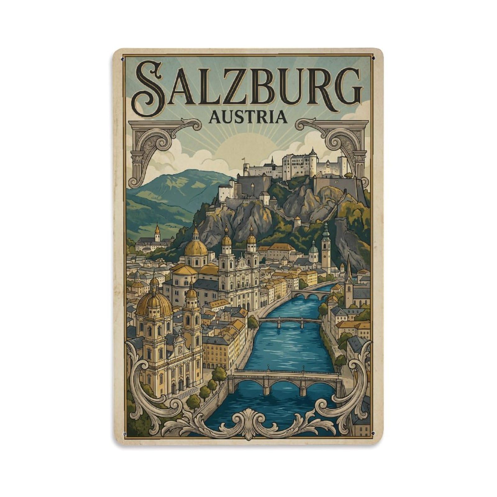 Travel Retro Austria Salzburg Metal Tin Sign Plaque Wall Decor for Cafe, Club Bar, Office, Garden Metal Poster 8x12Inch