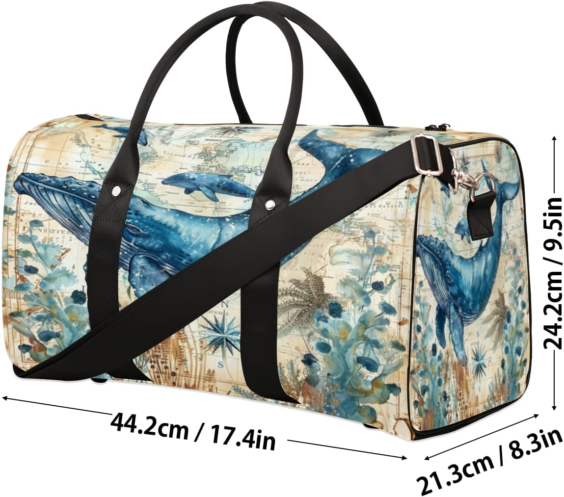 Vintage Map Whale Travel Duffel Bag for Women Men Large Capacity Overnight Weekender Bags for Lightweight Waterproof Sport Gym Bag for Workout Yoga Swim