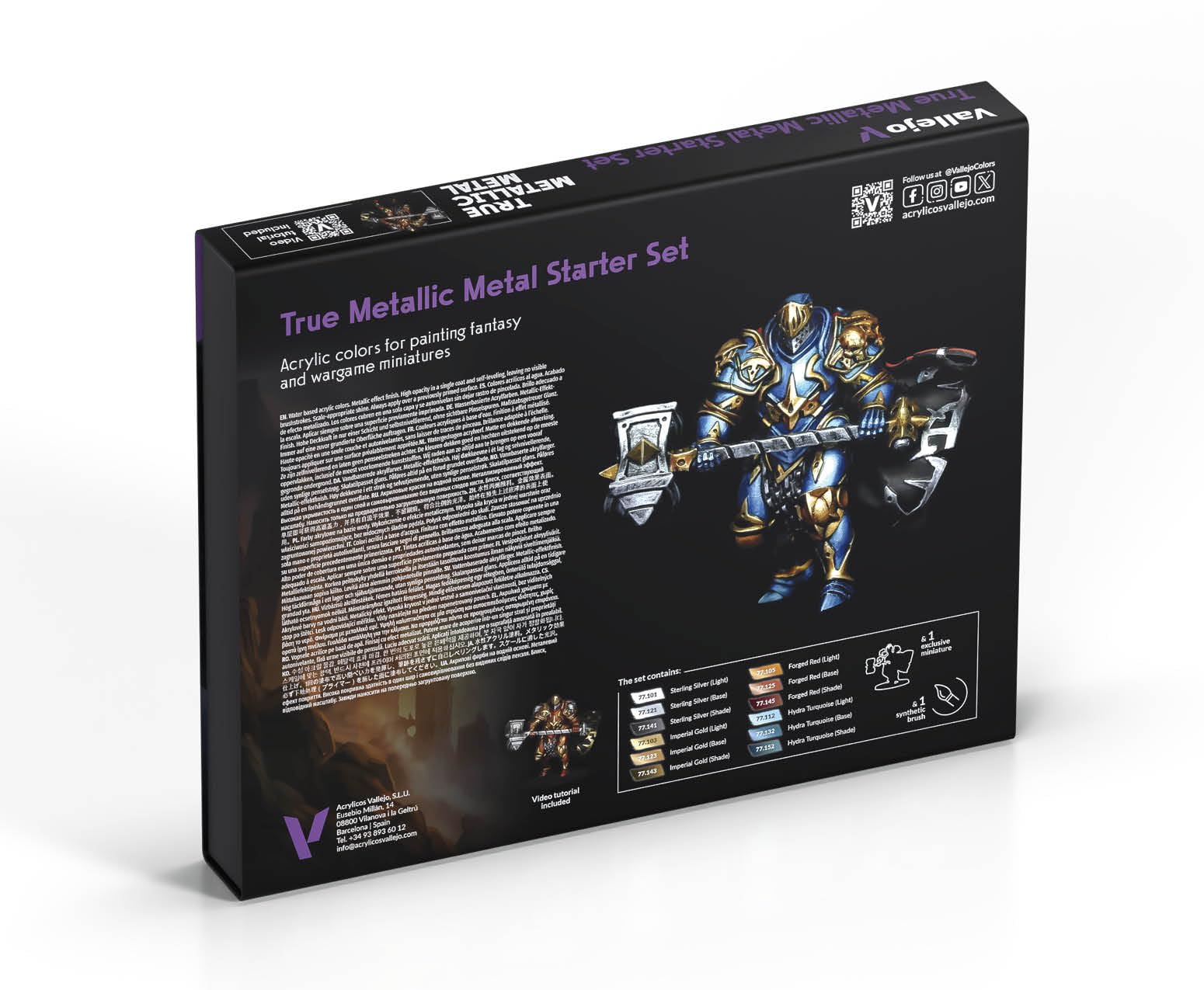 Vallejo True Metallic Metal Starter Set - Zestaw Startowy Farba Metaliczna dla Miniatur - 12 Kolorów po 18ml + Pędzel + Ekskluzywna Miniatura