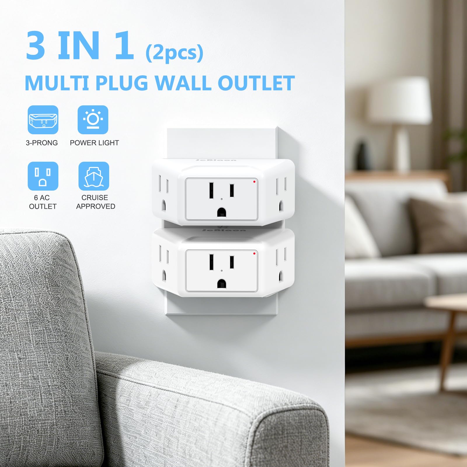 Outlet Extender 3 Pack - Space Saving Wall Plug -2