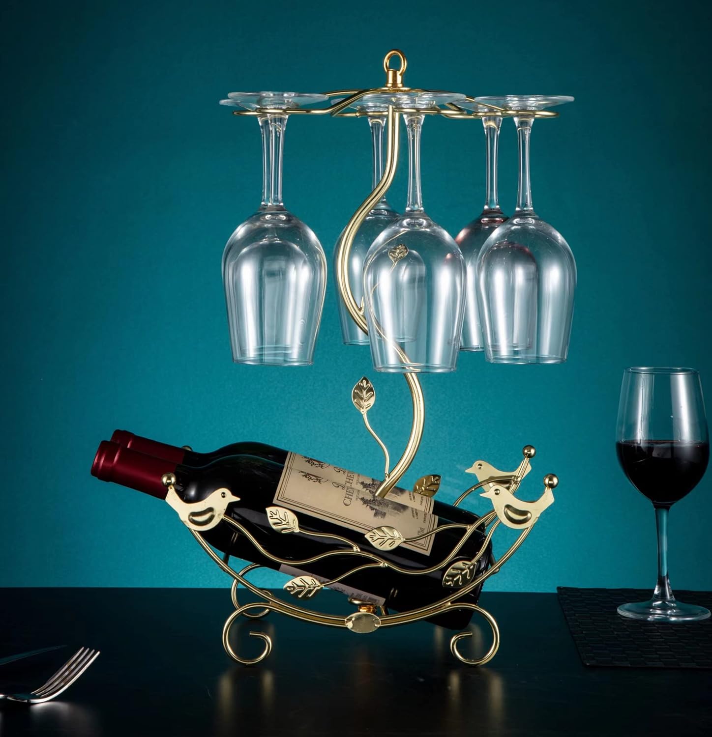 Wine Rack with Glass Holder-Hold 2 Wine Bottles and 6 Glasses