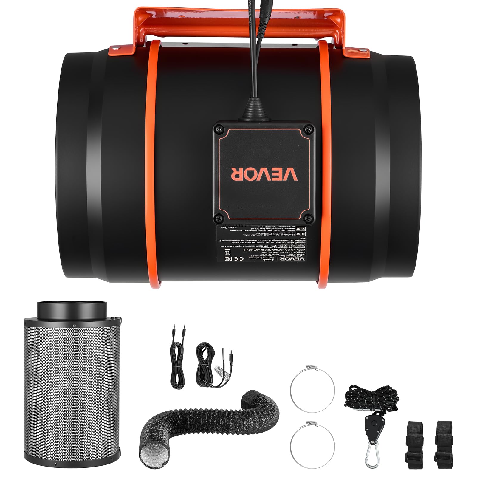 VEVOR Kit Ventilateur de Gaine à Flux Mixte avec Filtre à Charbon 1372 m³/h, Extracteur d'air en Ligne 203 mm pour Tente de Culture, Moteur EC, 10 Vitesses, Contrôleur PWM, Contrôle App, Minuterie
