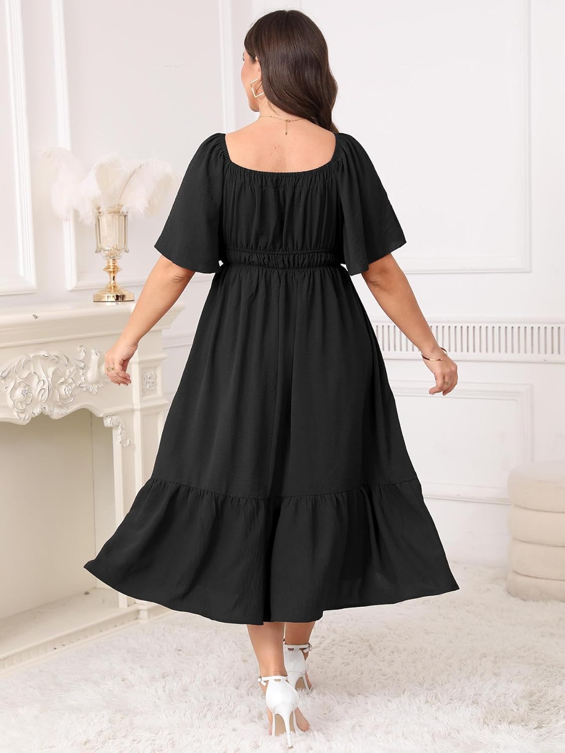 Plus Size Smocked Maxi Dresses for Curvy Women Square Neck Flowy Casual Summer Wedding Guest Dress - Image 5