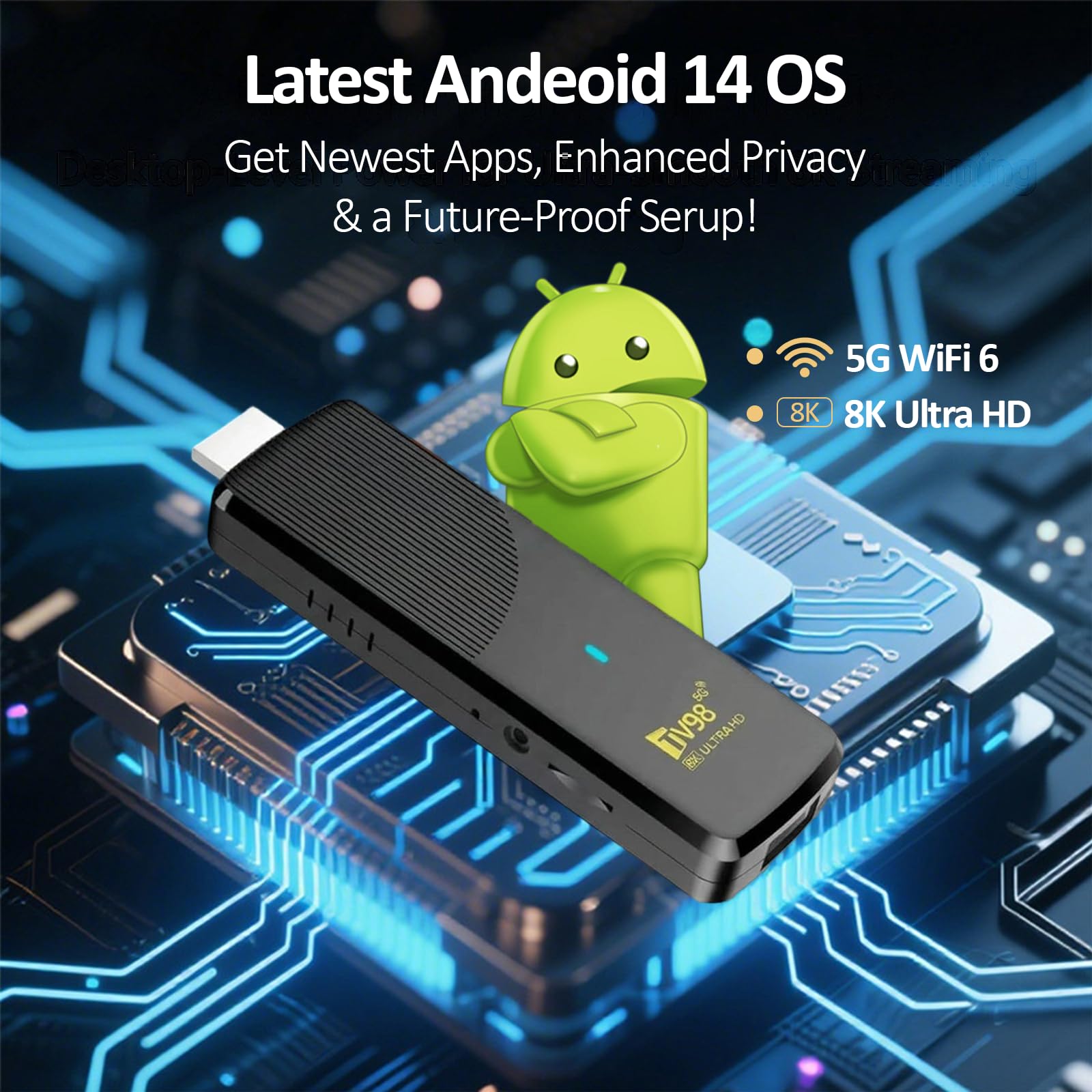Android 14 OS Bluetooth TV Stick, Streaming Stick 8K, 8 GB RAM, 128 GB ROM, obsługuje Wi-Fi 2,4 G/5 G, odtwarzacz multimedialny HDR10+, lekki i łatwy do przenoszenia