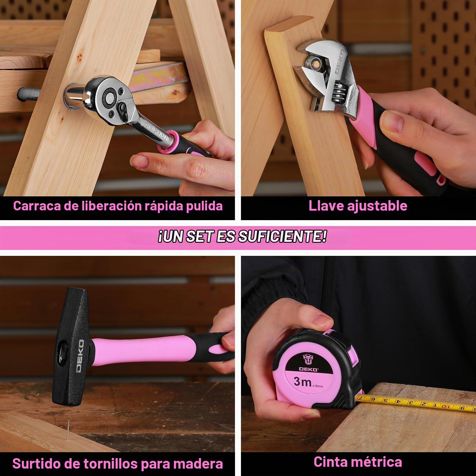 DEKO Caja de Herramientas Completa de 138 Piezas, Kit de Herramientas de Bricolaje para Hogar, Oficina y Coche, con Juego de Destornilladores, Martillo y Set de Alicates, Rosa