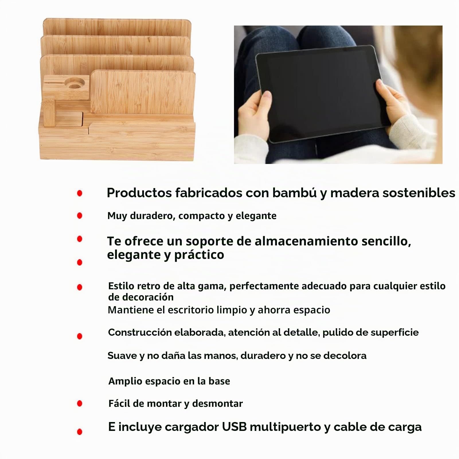 Estación de Carga de bambú para Organizador de múltiples Dispositivos con Cargador USB Puertos para teléfonos celulares tabletas,Soporte de Organizador de Cables