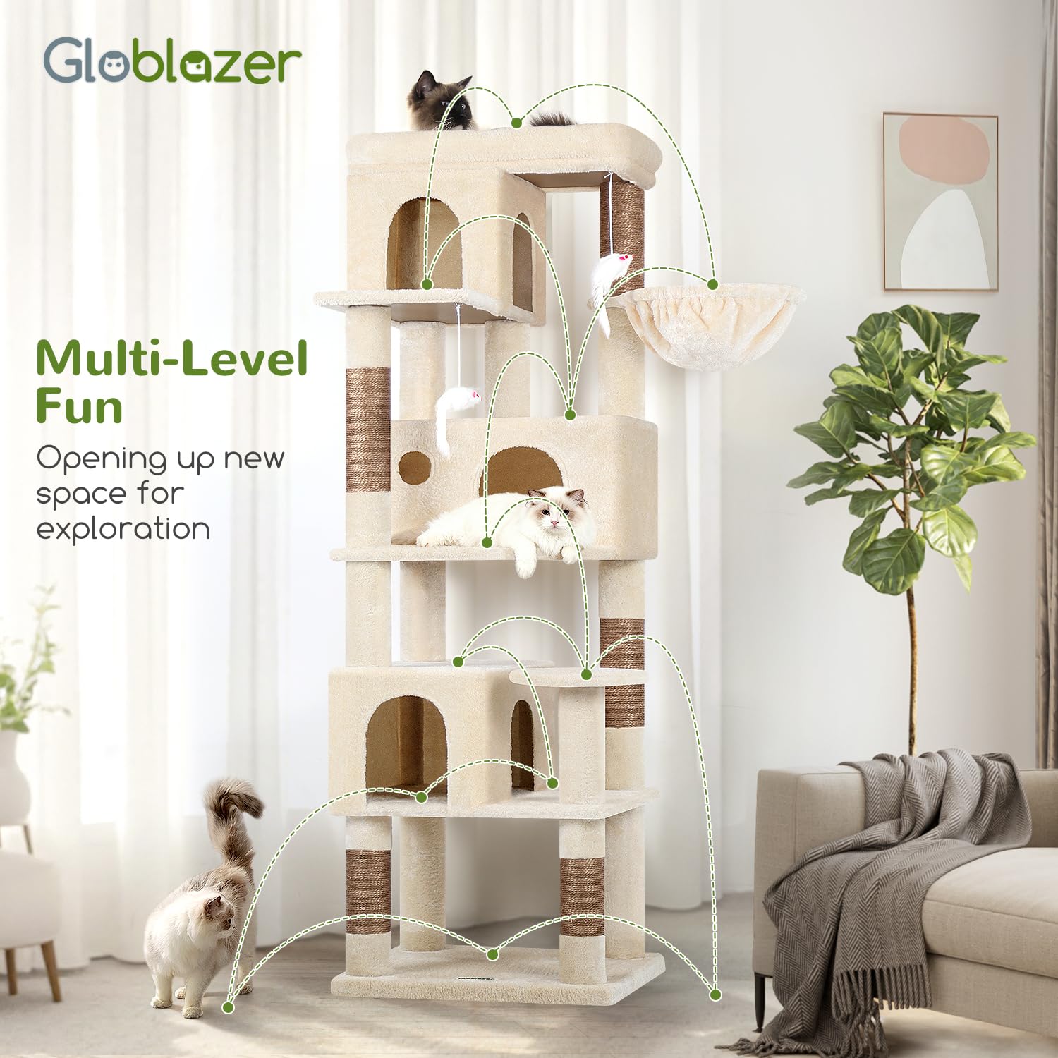 Globlazer Árbol Rascador Beige Esquinero Alto 168 cm con 3 Nidos, Grande Plataforma, Sisal Rascadores, Suave Cesta, Peluche Juguetes, Árbol Rascador Esquina Estable para 3-4 Gatos Adultos (F66, Beige)