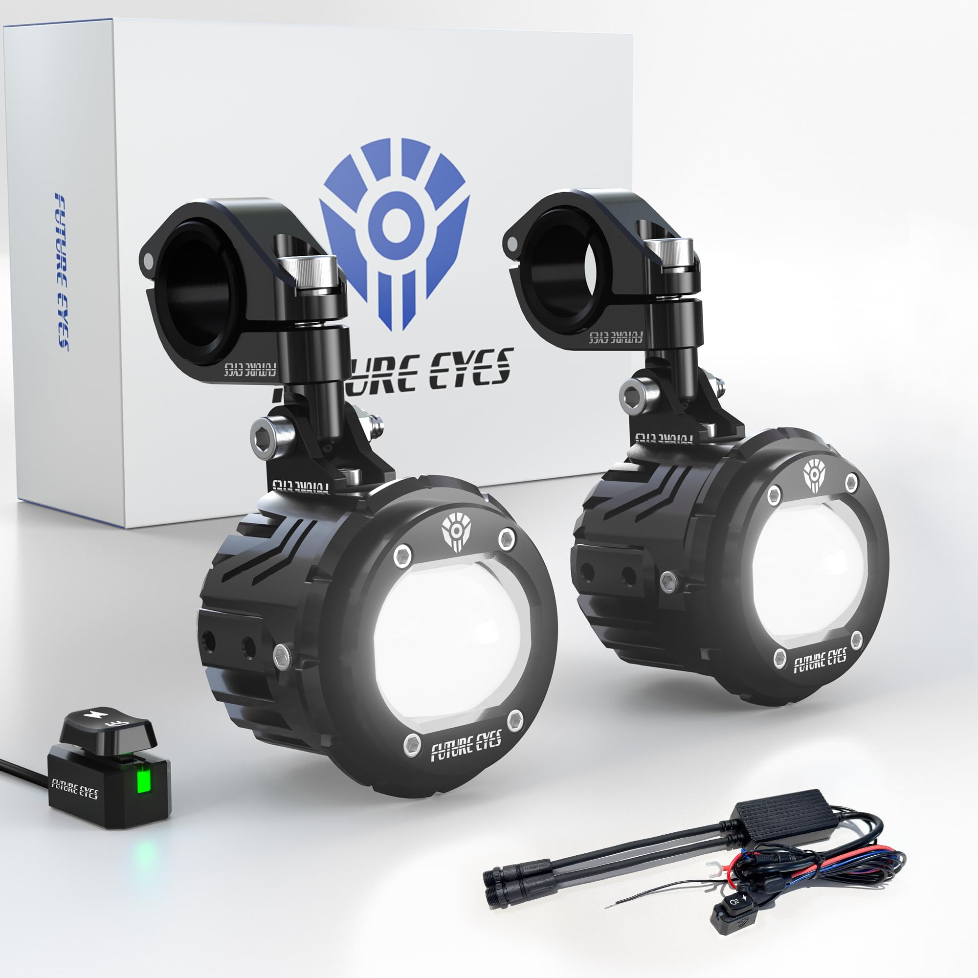 Future Eyes Fari Fendinebbia LED per Moto, Faro Ausiliario da 60W con Rotazione a 360°, Abbagliante/Anabbagliante, Luci di Guida Impermeabili per Guida Notturna, ATV, UTV e Fari per Motociclette