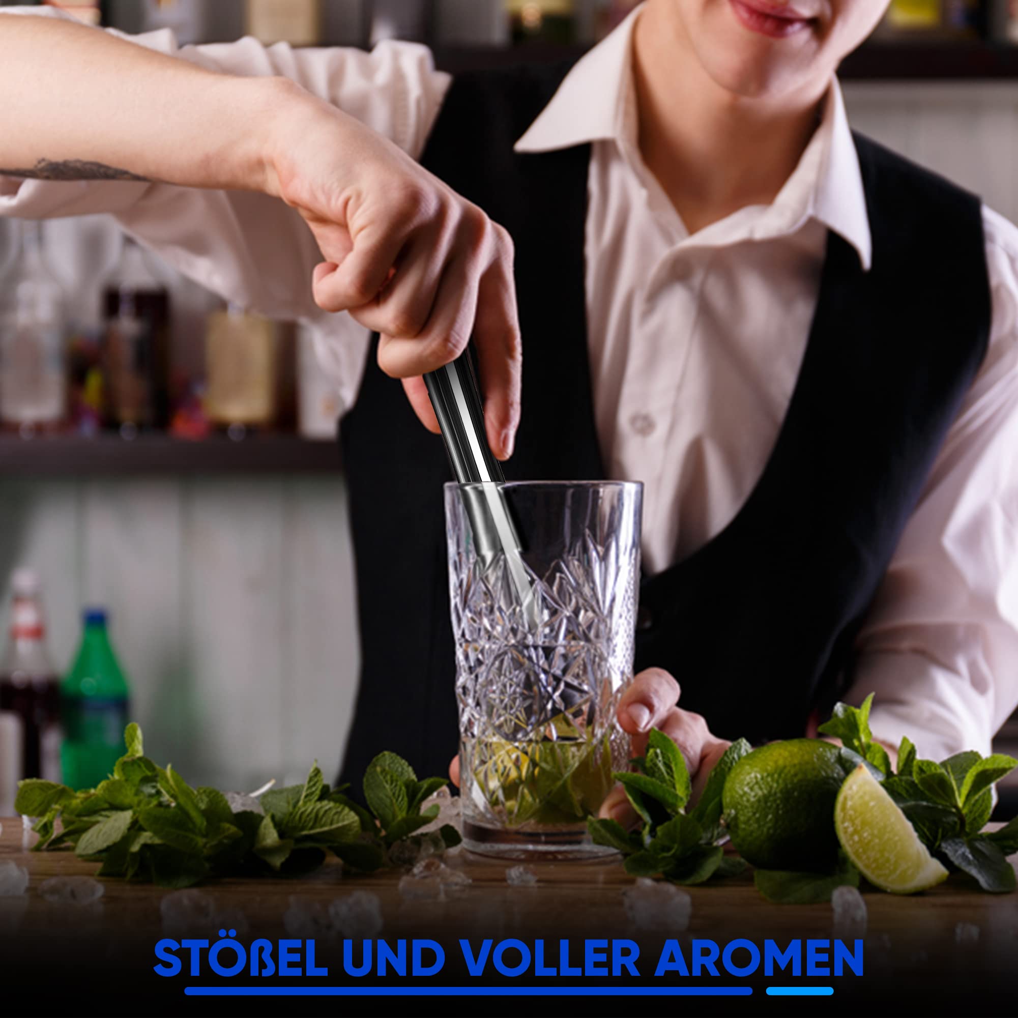Cocktail Stößel-Set [Edelstahl] mit Zubehör - Muddler, Barlöffel & 2 Strohhalme - Eiscrusher, Stampfer, Barstößel, Caipirinha-Stössel, Mojito-Mörser, Limettenpresse | Profi-Barzubehör
