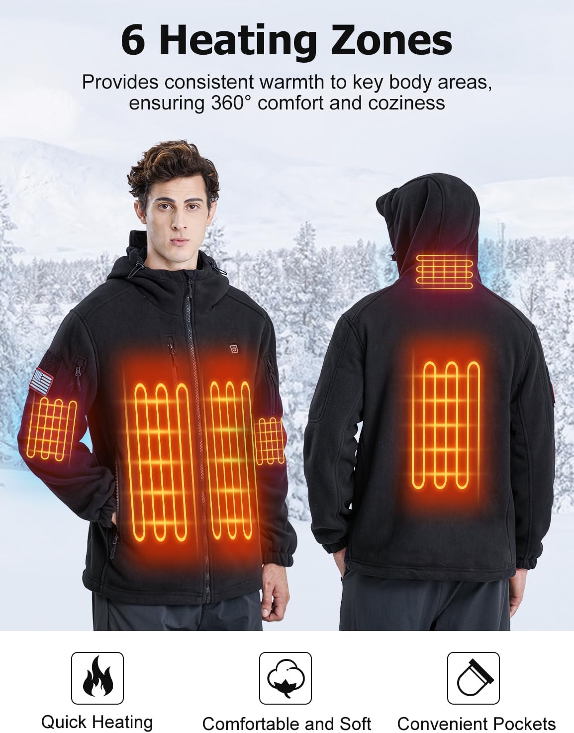 Mens Heated Jacket, Fleece Hoodie Coat for Men Women with 16000mAh Battery, 6 Heating Zones, 3 Temp Levels
